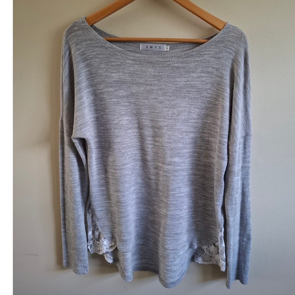 Off Shoulder Lacy Hi Low Relaxed Fit Gray Sweater Soft Fairy Coquette Cozy Sz L